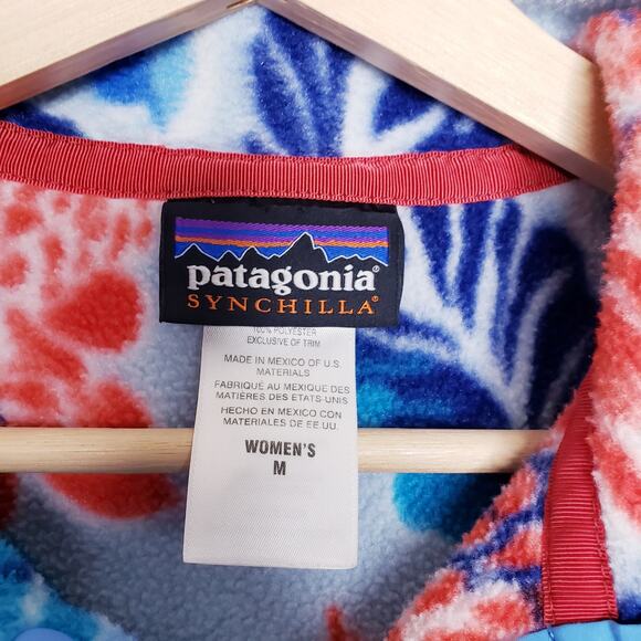 PATAGONIA SYNCHILLA Women's M Blue Floral Hawaiian Manoa Fleece 1/4 Snap Jacket - Picture 3 of 11